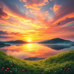 a tranquil landscape backdrop for an art piece, featuring a serene lake reflecting the colors of a sunset, surrounded by lush green hills and scattered wildflowers, the sky painted with vibrant hues of orange, pink, and purple, soft clouds drifting gently, with a few birds flying in the distance, an atmosphere of peace and inspiration, perfect for a nature-themed artwork