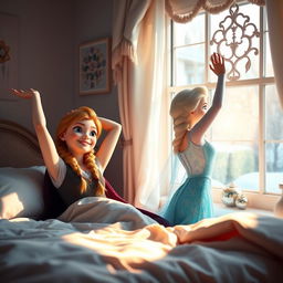 Anna and Elsa waking up in a cozy, beautifully decorated bedroom, sunlight streaming through a large window, casting warm light on their faces