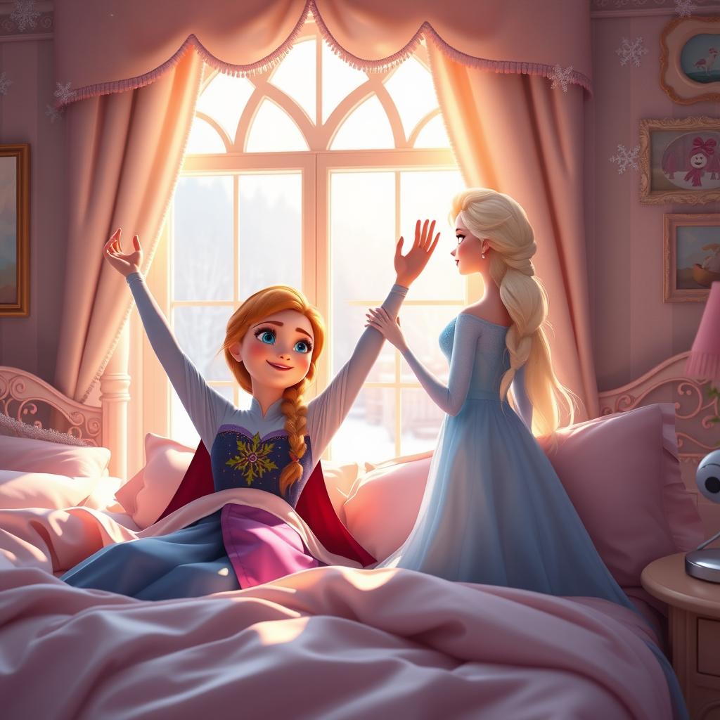 Anna and Elsa waking up in a cozy, beautifully decorated bedroom, sunlight streaming through a large window, casting warm light on their faces
