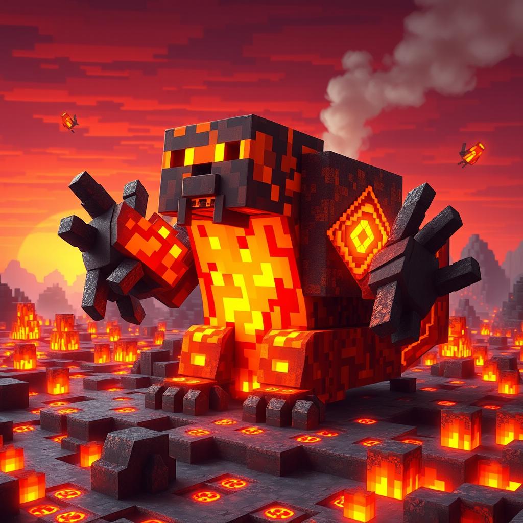 A Minecraft lava creature, combined with a command block, emerging from a colorful lava landscape