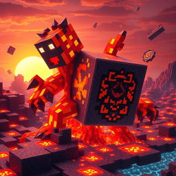 A Minecraft lava creature, combined with a command block, emerging from a colorful lava landscape