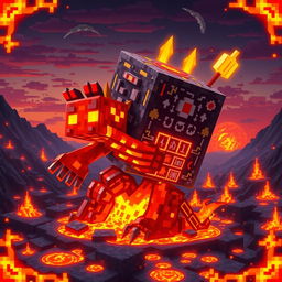 A Minecraft lava creature, combined with a command block, emerging from a colorful lava landscape