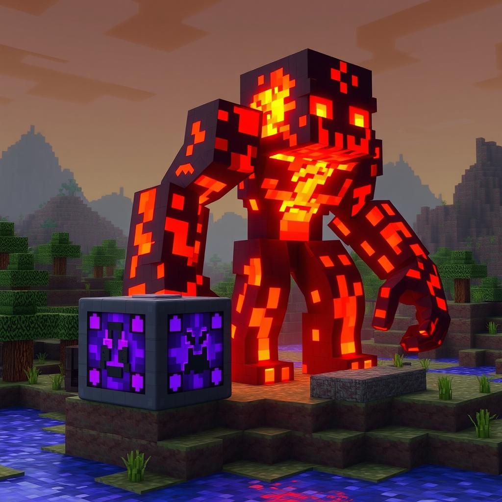 A fantastical creature made of lava, resembling a fiery golem, with molten features and glowing red-hot cracks showing beneath its surface