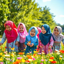 A group of joyful, toddler girls wearing colorful hijabs, playing together in a bright and playful park setting