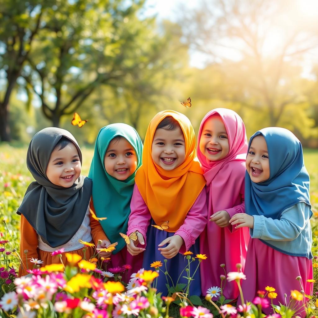 A group of joyful, toddler girls wearing colorful hijabs, playing together in a bright and playful park setting