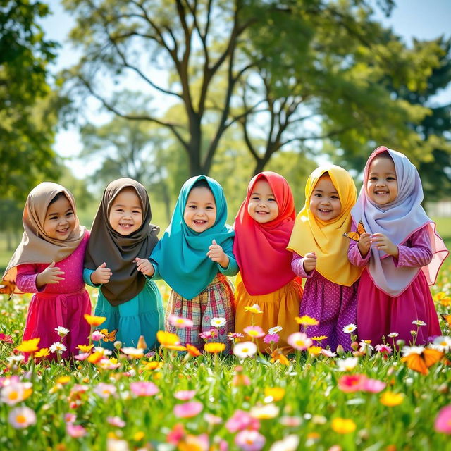 A group of joyful, toddler girls wearing colorful hijabs, playing together in a bright and playful park setting