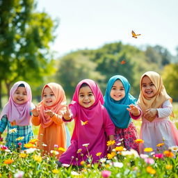 A group of joyful, toddler girls wearing colorful hijabs, playing together in a bright and playful park setting