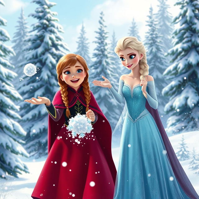 Anna and Elsa joyfully playing in a snowy landscape, surrounded by tall evergreen trees dusted with snow
