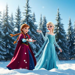 Anna and Elsa joyfully playing in a snowy landscape, surrounded by tall evergreen trees dusted with snow