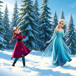 Anna and Elsa joyfully playing in a snowy landscape, surrounded by tall evergreen trees dusted with snow