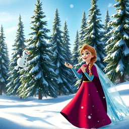 Anna and Elsa joyfully playing in a snowy landscape, surrounded by tall evergreen trees dusted with snow
