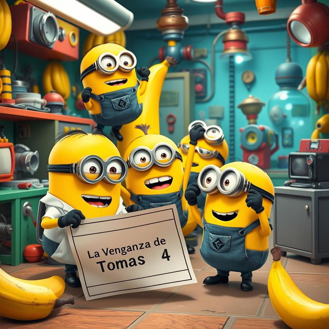 A humorous and adventurous scene featuring a group of playful Minions