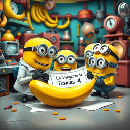 A humorous and adventurous scene featuring a group of playful Minions