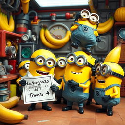 A humorous and adventurous scene featuring a group of playful Minions