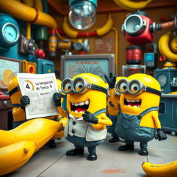 A humorous and adventurous scene featuring a group of playful Minions