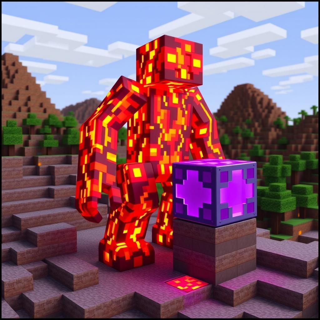 A vibrant and imaginative lava creature, designed as a fiery golem with a body made of flowing lava and cracks emitting bright orange and red glows