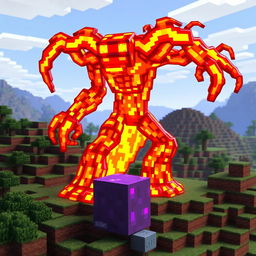 A vibrant and imaginative lava creature, designed as a fiery golem with a body made of flowing lava and cracks emitting bright orange and red glows
