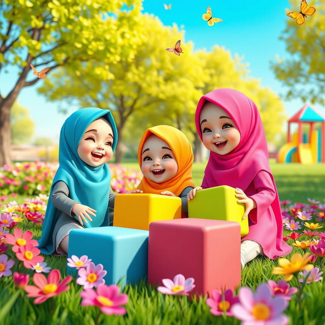 A whimsical scene featuring three-dimensional hijabi baby girls playing in a vibrant park filled with colorful flowers, green grass, and a clear blue sky