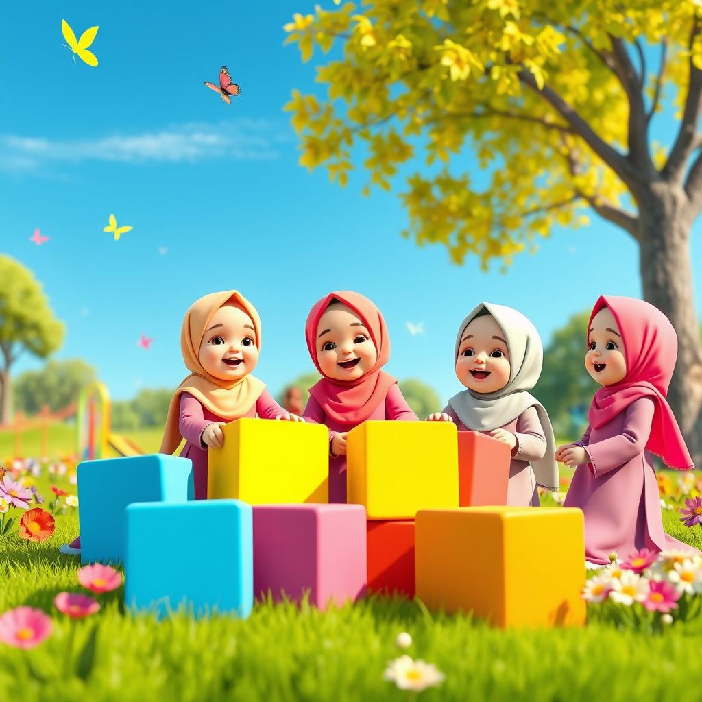 A whimsical scene featuring three-dimensional hijabi baby girls playing in a vibrant park filled with colorful flowers, green grass, and a clear blue sky