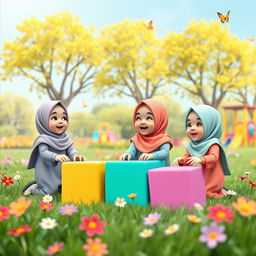 A whimsical scene featuring three-dimensional hijabi baby girls playing in a vibrant park filled with colorful flowers, green grass, and a clear blue sky