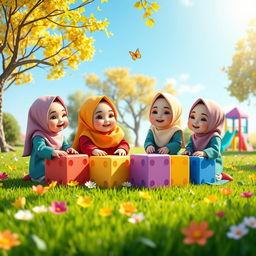 A whimsical scene featuring three-dimensional hijabi baby girls playing in a vibrant park filled with colorful flowers, green grass, and a clear blue sky