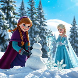 Anna enthusiastically building a snowman in a snowy landscape, wearing her colorful winter attire, her face lit up with joy