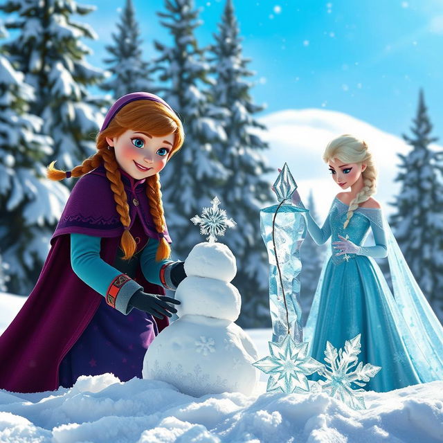Anna enthusiastically building a snowman in a snowy landscape, wearing her colorful winter attire, her face lit up with joy