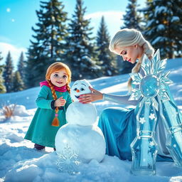 Anna enthusiastically building a snowman in a snowy landscape, wearing her colorful winter attire, her face lit up with joy