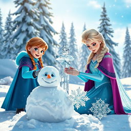 Anna enthusiastically building a snowman in a snowy landscape, wearing her colorful winter attire, her face lit up with joy