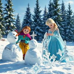 Anna enthusiastically building a snowman in a snowy landscape, wearing her colorful winter attire, her face lit up with joy