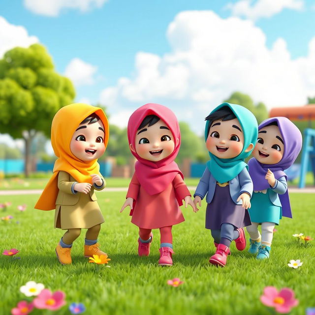 A group of 3D animated hijabi baby girls playing joyfully in a colorful park