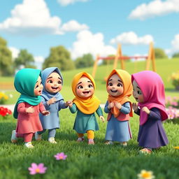 A group of 3D animated hijabi baby girls playing joyfully in a colorful park
