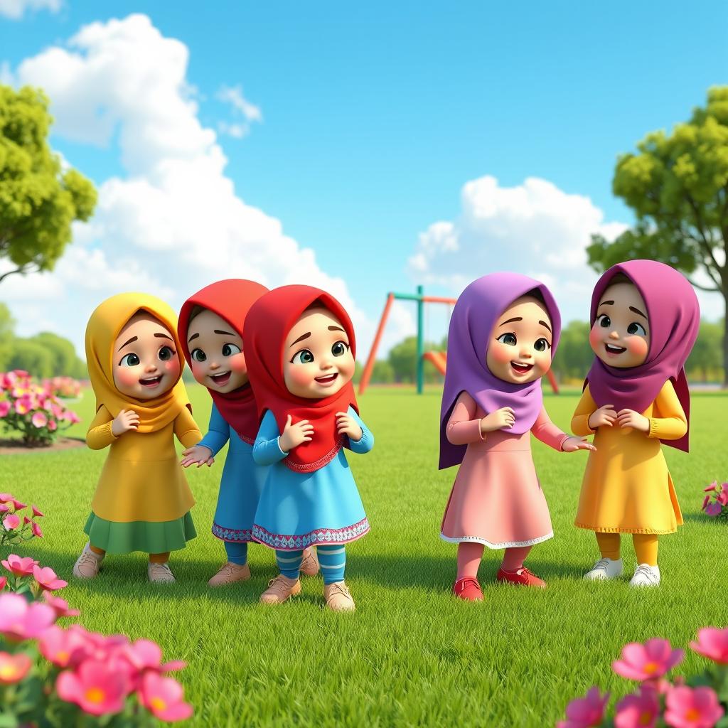 A group of 3D animated hijabi baby girls playing joyfully in a colorful park