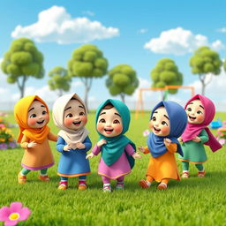 A group of 3D animated hijabi baby girls playing joyfully in a colorful park