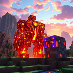 A striking lava creature designed as a colossal golem, entirely composed of flowing magma and fiery textures, with molten limbs and glowing embers radiating warmth