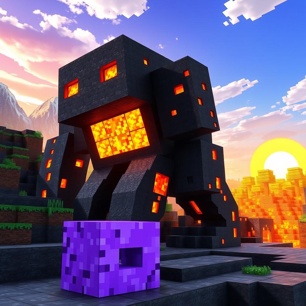 A mythical creature made entirely of lava, designed as a massive golem with smooth, molten surfaces and glowing cracks that show the fiery core within
