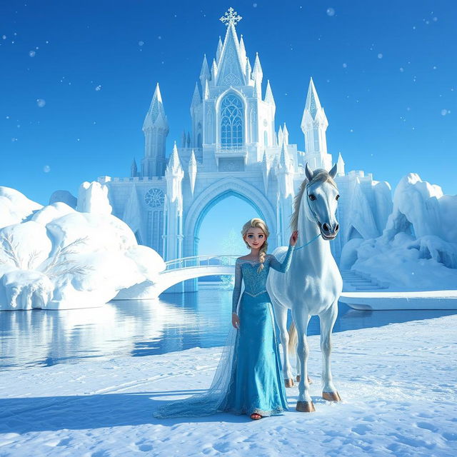 Elsa proudly standing in front of her magnificent ice castle, intricately carved with delicate ice patterns that sparkle in the sunlight