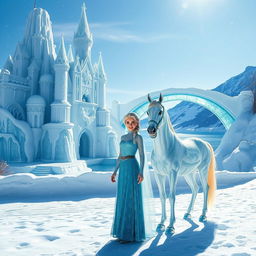 Elsa proudly standing in front of her magnificent ice castle, intricately carved with delicate ice patterns that sparkle in the sunlight