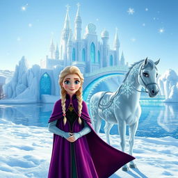 Elsa proudly standing in front of her magnificent ice castle, intricately carved with delicate ice patterns that sparkle in the sunlight