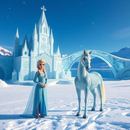 Elsa proudly standing in front of her magnificent ice castle, intricately carved with delicate ice patterns that sparkle in the sunlight
