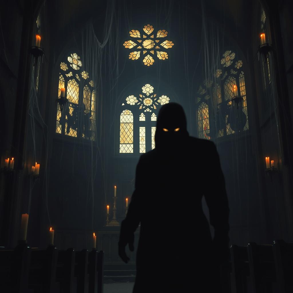 A chilling scene from a horror movie set in an old, abandoned church, with broken stained glass windows casting eerie shadows