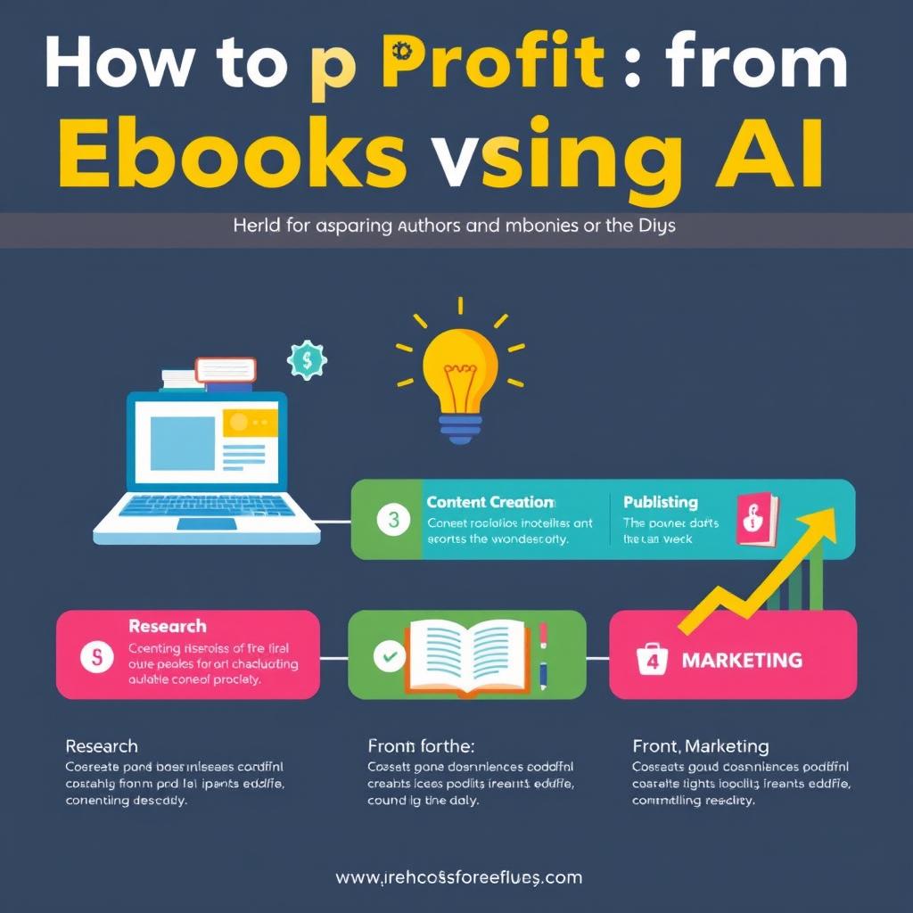 A visually engaging infographic illustrating the steps to profit from eBooks using AI