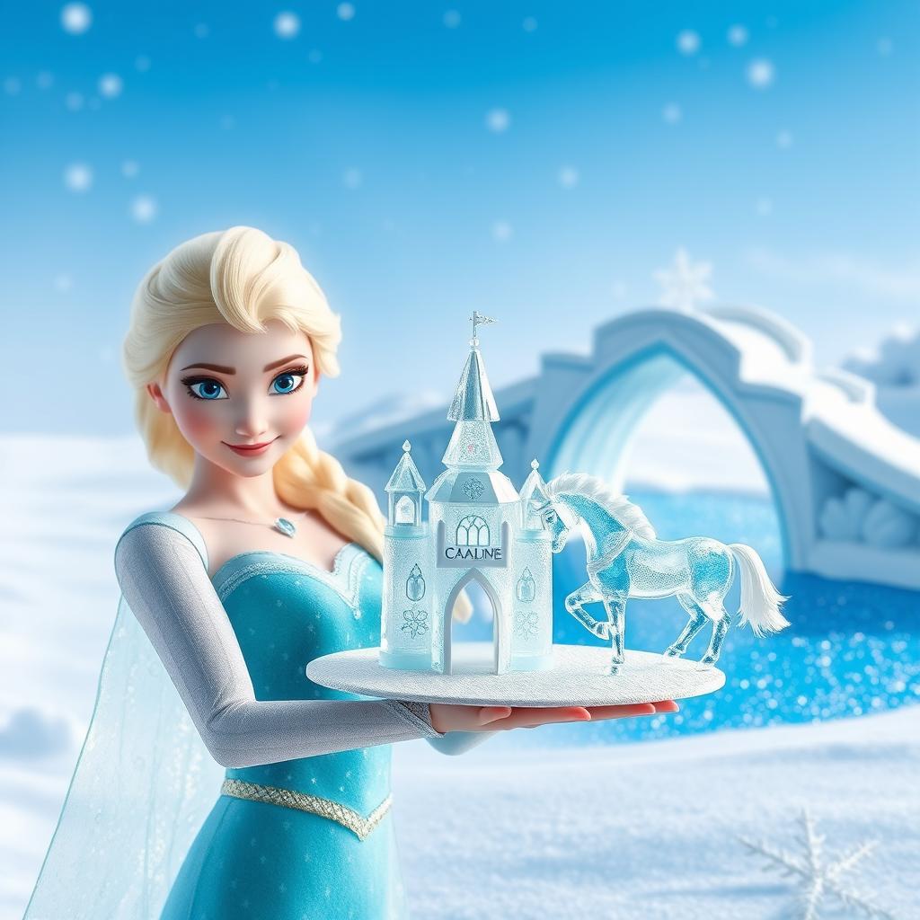 Elsa proudly showcasing a small, toy-like ice castle, intricately designed with delicate ice patterns that catch the light