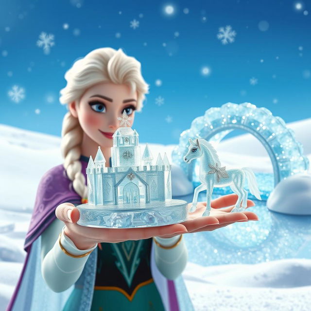 Elsa proudly showcasing a small, toy-like ice castle, intricately designed with delicate ice patterns that catch the light