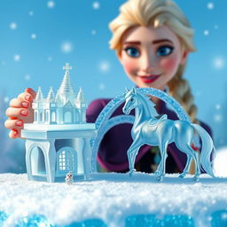 Elsa proudly showcasing a small, toy-like ice castle, intricately designed with delicate ice patterns that catch the light