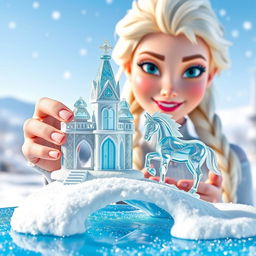 Elsa proudly showcasing a small, toy-like ice castle, intricately designed with delicate ice patterns that catch the light