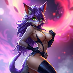 A sexy, alluring female cat furry character with stunning purple and white fur, wearing a stylish, revealing outfit that accentuates her curves
