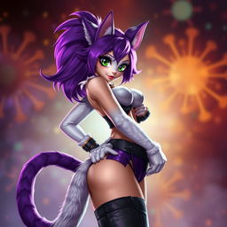 A sexy, alluring female cat furry character with stunning purple and white fur, wearing a stylish, revealing outfit that accentuates her curves
