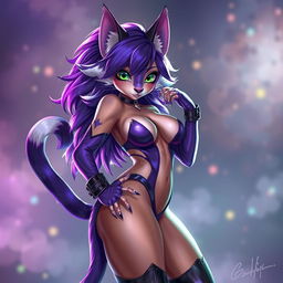 A sexy, alluring female cat furry character with stunning purple and white fur, wearing a stylish, revealing outfit that accentuates her curves