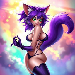 A sexy, alluring female cat furry character with stunning purple and white fur, wearing a stylish, revealing outfit that accentuates her curves